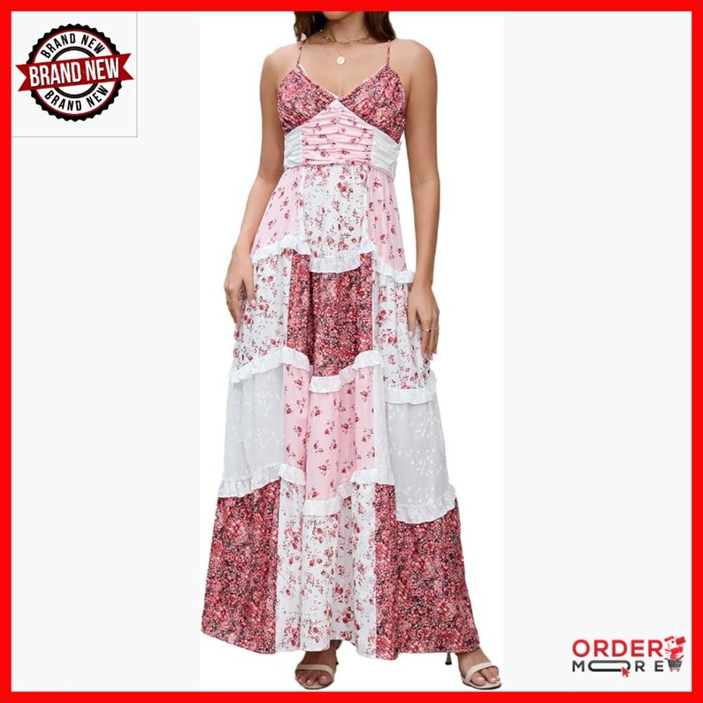 Maxi Dress Flowy Tiered V-Neck Spaghetti Straps Ruched Waist Polyester
